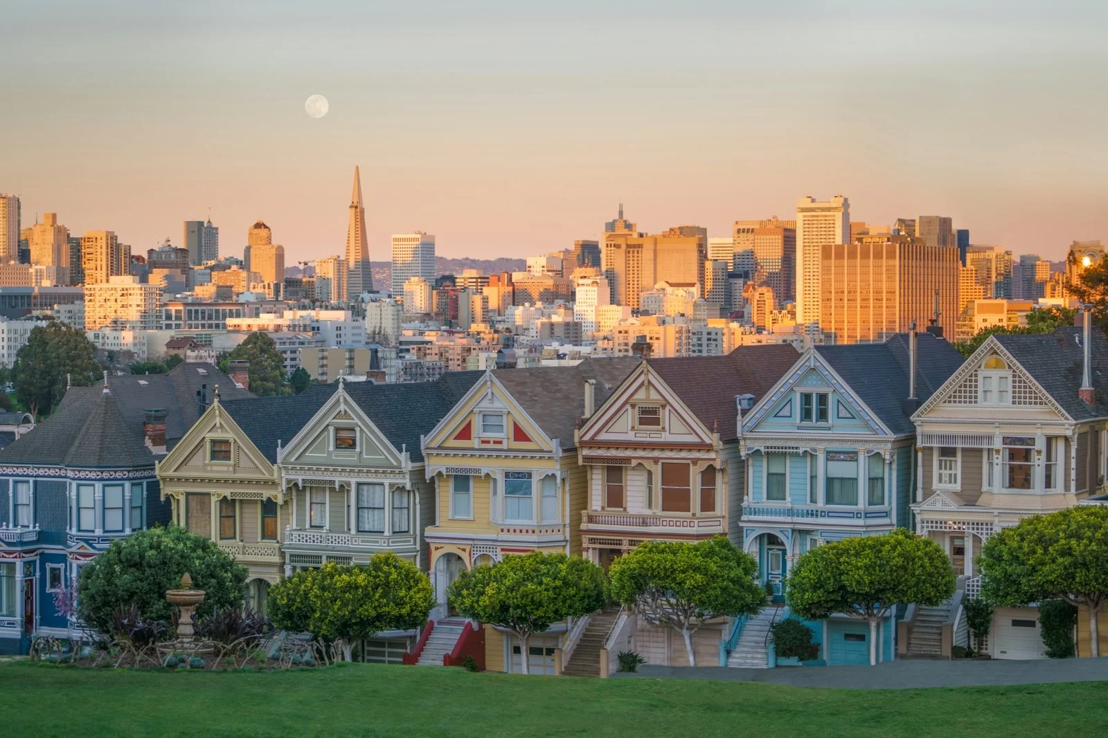 San Francisco houses with the city skyline beyond