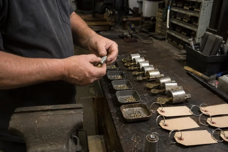 Person handling a lock cylinder at a workbench lined with cylinders, keys, small pin trays and blank key tags.