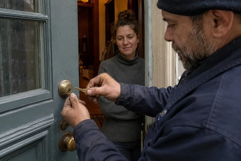 Person holding a key beside a brass-colored deadbolt on an open painted door while another person watches from inside.