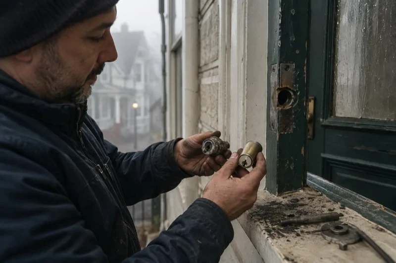 Person holding two lock cylinders beside an open painted door, with loose hardware and debris on the sill.