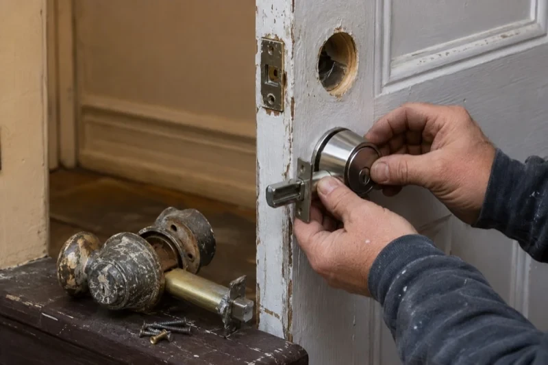 Hands positioning a silver-colored lock on an open painted door, with a worn doorknob assembly and screws resting nearby.
