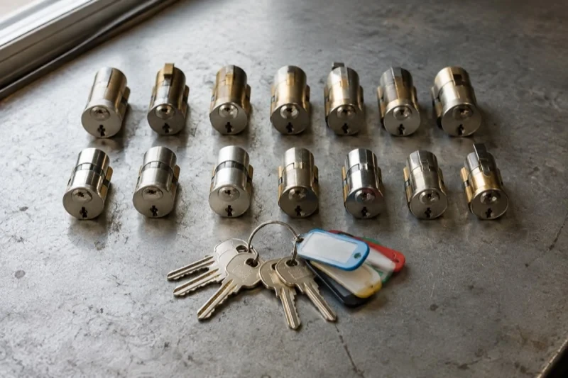 Two rows of lock cylinders on a metal surface with keys and colored key tags in front.