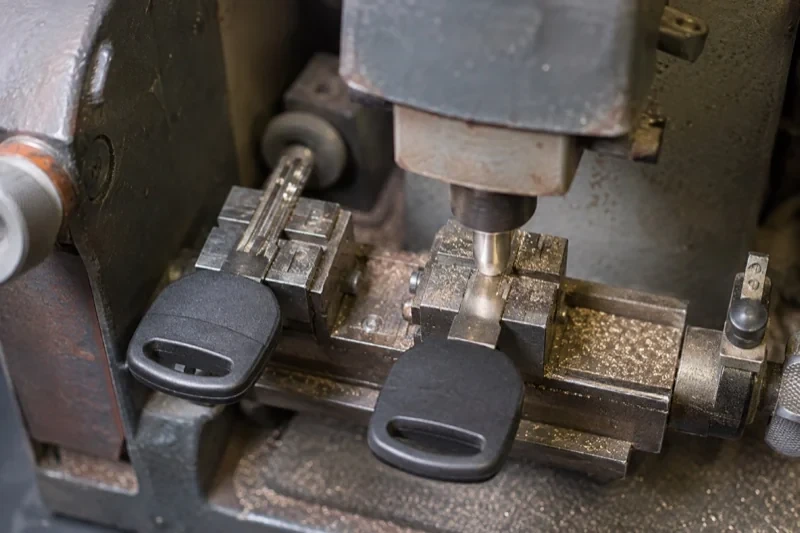 Two black-headed keys clamped in a bench machine, one beneath a vertical cutter, with metal shavings around the clamps.