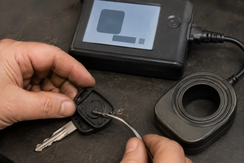 Hands using tweezers at an opened car-key head beside a small electronic unit and a ring-shaped accessory.