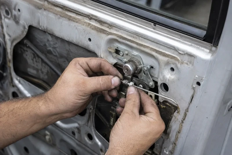 Hands holding a small linkage beside an exposed car-door lock mechanism with the interior trim removed.